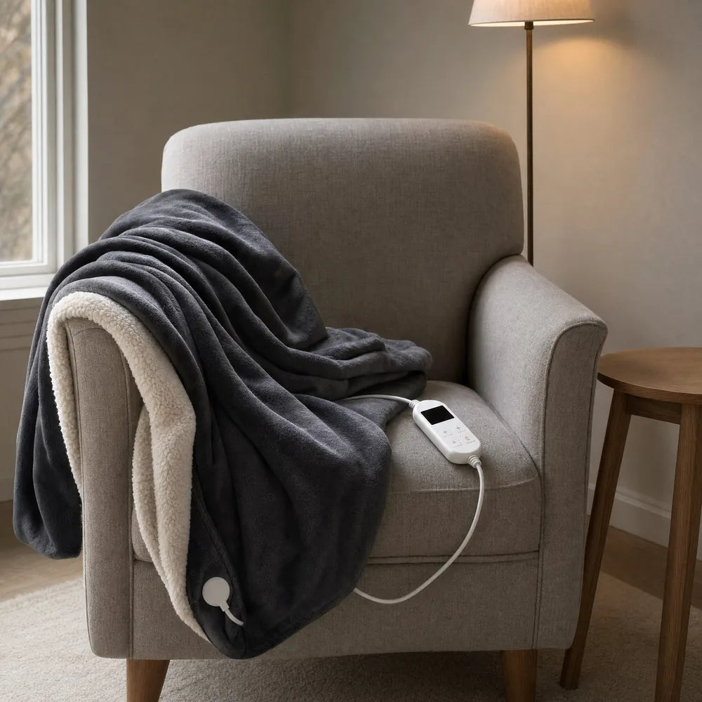 The controller of the COCOONIA Signature Heated Throw unclipped from the connector at the hem, throw folded beside it.