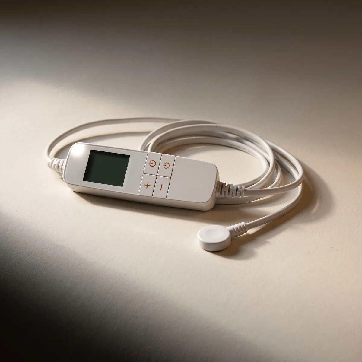 The SS20 controller of the Signature Heated Throw: screen, heat and timer buttons, and the round connector that unclips at the hem.